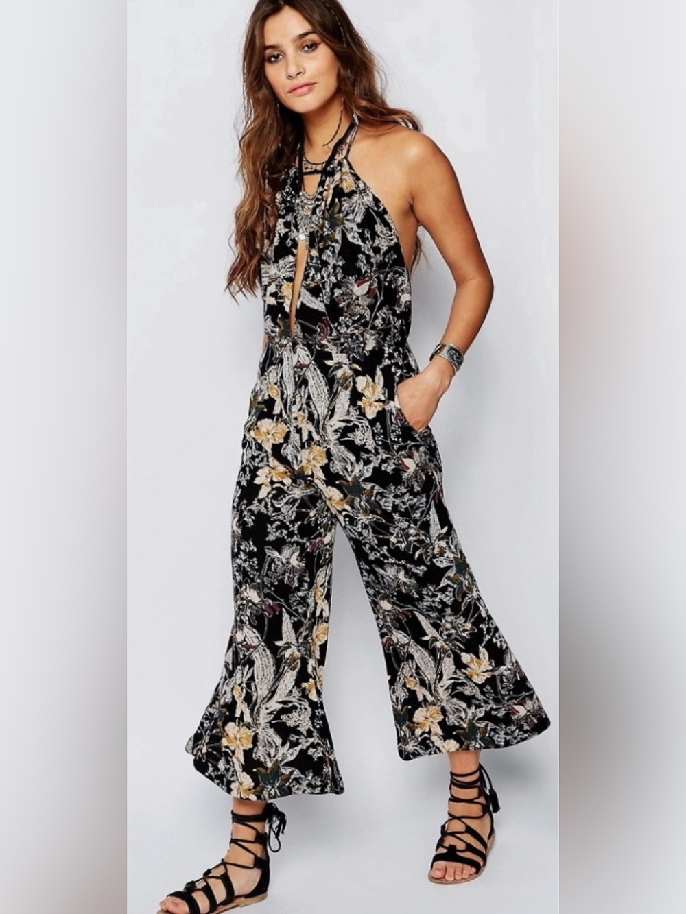 Free People Floral Halter Wide-Leg Jumpsuit in Black